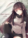  bad_id brown_eyes brown_hair character_request copyright_request foreshortening happy_birthday highres itou_nanami long_hair shorts solo sweater thigh-highs thighhighs 