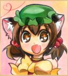  :d alternate_hairstyle animal_ears bad_id blush border brown_hair cat_ears chen colored_pencil_(medium) face fang hair_bobbles hair_ornament hat heart heart-shaped_pupils heart_of_string open_mouth short_hair short_twintails smile solo symbol-shaped_pupils takamoto_akisa touhou traditional_media twintails 