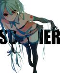  6_(roku) aqua_hair collar elbow_gloves gloves hatsune_miku leaning_forward long_hair necktie red_eyes simple_background skirt smile solo thighhighs very_long_hair vocaloid 