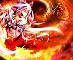  battle blonde_hair bow fire flandre_scarlet fujiwara_no_mokou hair_bow highres hiwana laevatein long_hair multiple_girls short_hair smile suspenders teeth touhou very_long_hair white_hair wings 