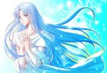  1girl blue blue_background blue_eyes blue_hair dress falcom feena_(ys) jewelry long_hair necklace petals solo white_dress xiacheng_tatsuya ys 