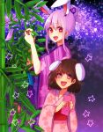  2girls bamboo brown_hair bunny_ears inaba_tewi japanese_clothes open_mouth purple_hair rabbit_ears red_eyes reisen_udongein_inaba short_hair touhou 