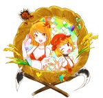  aki_minoriko aki_shizuha bikini blonde_hair blush bust chestnut duo face food fruit grapes hair_ornament happy hat highres hoe leaf leaf_on_head multiple_girls outstretched_arms shimenawa short_hair siblings sickle simple_background sisenshyo sisters smile swimsuit touhou wheat white_background wink worktool yellow_eyes 