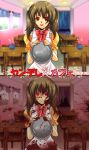 before_and_after blood blood_stain bloodstains blush bowtie brown_hair cafe comic evil_smile highres maid open_mouth original red_eyes smile translated translation_request twintails waitress yandere 