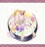  blonde_hair blush bowl braid cherry closed_eyes eyes_closed food fruit hand_on_cheek hands_on_own_cheeks hands_on_own_face ice_cream japanese_clothes kimono long_hair open_mouth orange original petals sitting smile twin_braids ume_(plumblossom) 