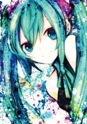  abstract aqua_eyes aqua_hair bad_id circle face female hatsune_miku ribbon sazanami_shione smile solo square twintails vocaloid 