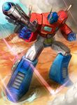  blue_eyes damaged firing foreshortening glowing glowing_eyes gun mecha moreshan no_humans optimus_prime robot smoke solo transformers weapon wind 