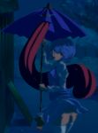    :p anime_coloring ant_of_spirit ass blue_eyes blue_hair face geta heterochromia highres karakasa_obake looking_back night no_panties red_eyes short_hair skirt solo tatara_kogasa thighhighs tongue touhou tree umbrella white_legwear 