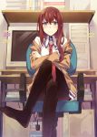  blue_eyes blush brown_hair computer crossed_arms crossed_legs face feet foreshortening inato_serere jacket legs_crossed makise_kurisu necktie pantyhose sitting steins;gate 