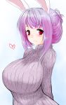  animal_ears arms_behind_back blush breasts bunny_ears bust hair_bun han64 han_(jackpot) heart huge_breasts purple_hair red_eyes reisen_udongein_inaba smile solo sweater sweater_dress touhou 