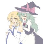  ^_^ blonde_hair blush closed_eyes cosplay costume_switch detached_sleeves eyes_closed fang frog hair_ornament hat kirisame_marisa kirisame_marisa_(cosplay) kochiya_sanae kochiya_sanae_(cosplay) kurosu_rino long_hair multiple_girls open_mouth smile snake touhou witch witch_hat yellow_eyes 