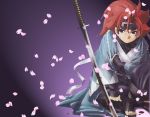  gloves katana ninja peace_maker_korugane petals red_eyes red_hair short_hair sitting solo sword weapon 