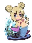  blonde_hair blue_eyes breasts bubble covering covering_breasts double_bun drpow faux_figurine fish_tail k-on! kotobuki_tsumugi long_hair mermaid monster_girl open_mouth rock seaweed solo tom_(drpow) topless 