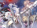  beret blonde_hair blurry breasts brown_legwear charlotte_(madoka_magica) corset depth_of_field detached_sleeves drill_hair dual_wielding fingerless_gloves firing gloves gun hair_ornament hairpin hat kyubey long_hair magical_girl magical_musket mahou_shoujo_madoka_magica muzzle_flash open_mouth perspective pleated_skirt puffy_sleeves ribbon rifle shinohara_shinome skirt taut_shirt thigh-highs thighhighs tomoe_mami twin_drills twintails vertical-striped_legwear vertical_stripes weapon yellow_eyes zettai_ryouiki 