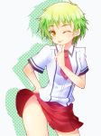  baka_to_test_to_shoukanjuu female ge-ha green_hair kudou_aiko no_panties school_uniform serafuku short_hair skirt tongue wink 
