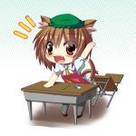  animal_ears bad_id blush bow brown_eyes brown_hair cat_ears cat_tail chair chen chibi desk dress eraser falling fang hat multiple_tails open_mouth pen raised_hand red_dress shefu shirt smile solo tail touhou 
