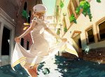  1girl aria athena_glory backlighting clothesline dark_skin hat kawakami_tomoko mmlu_(honwa_karesu) necktie see-through short_hair short_sleeves silver_hair solo spinning wading water water_drop 