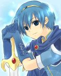  blue_eyes blue_hair fire_emblem fire_emblem:_mystery_of_the_emblem gloves marth smile solo sword tiara 