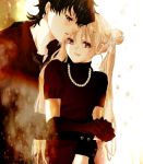  1girl androgynous bishoujo_senshi_sailor_moon black_hair blonde_hair casual couple earrings elbow_gloves fragrant_olive gloves hair_bun hair_ornament hairclip hand_holding holding_hands hug hug_from_behind jewelry lips long_hair looking_at_viewer mei_kurumi_(fragrant_olive) necklace necktie profile red_eyes red_shirt seiya_kou shirt short_hair short_sleeves source_request tsukino_usagi turtleneck twintails 