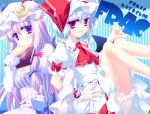  ascot bare_legs blue_hair book bow breasts capelet cleavage crescent hair_bow hat locked_arms motomiya_mitsuki multiple_girls patchouli_knowledge purple_eyes purple_hair remilia_scarlet short_hair the_embodiment_of_scarlet_devil touhou violet_eyes wrist_cuffs 