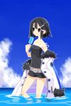  artist_request asagi_(nippon_ichi) asagiri_asagi belt black_eyes black_hair camisole coat disgaea fur_coat gray_eyes grey_eyes hair_ornament hairclip hairpins ice_cream jacket nippon_ichi ocean popsicle short-shorts short_hair short_shorts shorts sky solo strap_slip summer sweat tank_top thigh-highs wading water wet 