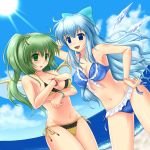  adult alternate_hairstyle bikini blue_eyes blue_hair bow bracelet breasts cirno cleavage covering covering_breasts daiyousei dutch_angle embarrassed frilled_bikini frills front-tie_top green_eyes green_hair hair_bow hair_ribbon hand_on_hip highres hips ice ice_wings jewelry large_breasts long_hair multiple_girls nail_polish navel ribbon shiny shiny_skin side-tie_bikini side_ponytail string_bikini sun sunbeam sunlight swimsuit touhou unshu_mikan water wings 