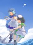  anchor back bad_id blue_hair cirno closed_eyes eyes_closed green_eyes grey_legwear habit hand_holding hands_clasped hat holding_hands hood interlocked_fingers kumoi_ichirin multiple_girls murasa_minamitsu naka_akira purple_hair sailor sailor_hat short_hair smile sun touhou water 