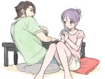  age_difference beard can drinking facial_hair father_and_daughter hair_bun higebu inazuma_eleven inazuma_eleven_(series) kudou_fuyuka kudou_michiya pillow purple_hair sitting 