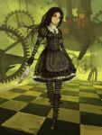  alice_(wonderland) alice_in_wonderland alternate_costume american_mcgee's_alice black_hair blood boots gjred gloves green_eyes highres knife long_hair pantyhose striped striped_legwear 