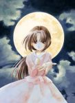  brown_hair cloud clouds dress faux_traditional_media full_moon green_eyes gundam hand_on_own_chest hand_to_chest kisaragi_ai long_hair moon night open_mouth outstretched_arm reaching solo tiffa_adill traditional_media watercolor_(medium) 