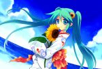  blue_eyes flower hatsune_miku japanese_clothes kimono miyu_(matsunohara) ocean sky sunflower twintails vocaloid wafuku water 