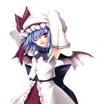  blue_hair dress fang happy hat headdress open_mouth purple_hair remilia_scarlet short_hair simple_background solo tateha_(artist) touhou vampire white_background wings wink 