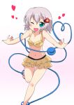  bikini blush flower frilled_bikini frills green_eyes hair_flower hair_ornament heart heart_of_string komeiji_koishi massala mizugi open_mouth outstretched_arms running short_hair silver_hair skirt smile solo swimsuit third_eye touhou wink yellow_bikini 