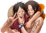  ^^ black_hair brothers brown_hair closed_eyes duo hat laugh laughing male monkey_d._luffy one_piece portgas_d._ace short_hair smile 