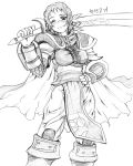  armor cape full_armor garen genderswap league_of_legends monochrome mouth_hold pauldron straw wink 