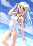  blue_eyes cloud competition_swimsuit dutch_angle happy katahira_masashi long_hair ocean one-piece_swimsuit open_mouth original sky smile solo summer swimsuit water white_hair white_swimsuit 