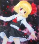  ascot blonde_hair hair_ribbon open_mouth outstretched_arms red_eyes ribbon rumia short_hair skirt smile solo spread_arms the_embodiment_of_scarlet_devil touhou traditional_media w0ru youkai 
