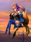  artist_request bare_shoulders blue_legwear breasts caster_(fate/extra) cleavage crossed_legs detached_sleeves fate/extra fate/stay_night fate_(series) fox_ears fox_tail highres irie japanese_clothes kimono large_breasts legs long_legs no_shoes payot pink_hair sitting sunset tail thigh-highs thighhighs thighs twintails wink yellow_eyes 