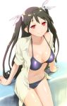  1girl bikini bow breasts cleavage hair_bow jacket_over_swimsuit mayo_chiki! navel open_clothes open_shirt red_eyes shiny shiny_skin shirt silver_hair smile solo suzutsuki_kanade swimsuit twintails two_side_up ueyama_michirou 