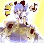  alternate_costume blue_eyes blue_hair bow cirno frog frozen hair_bow musical_note neck_ribbon ribbon riding shirow_(crazy) speech_bubble spoken_musical_note spoken_note symbol-shaped_pupils teeth touhou wings 