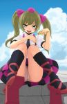  :p ankle_lace-up black_legwear blurry cellphone checkered checkered_skirt cloud cross-laced_footwear footwear foreshortening geta green_eyes green_hair hair_ribbon hat hatimituboy123 highres himekaidou_hatate long_hair panties pantyshot pantyshot_(sitting) pantyshot_sitting phone ribbon sitting skirt sky socks solo tokin_hat tongue touhou twintails underwear 