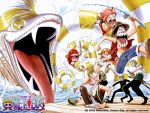 animal female fish group hat hood long_hair male oceannami oda_eiichirou one_piece open_mouth roronoa_zoro sanji scar scared shanks shoes short_hair sitting skirt snake source_request sword teeth tony_tony_chopper usopp wallpaper water weapon