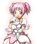  blush bow choker choking dress face gloves grin hair_bow happy kaname_madoka kyubey magical_girl mahou_shoujo_madoka_magica onsoku_maru open_mouth pink_eyes pink_hair puffy_sleeves short_twintails solo source_request twintails white_gloves 