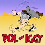  1boy black-son blue_eyes dog earrings grey_hair hanna_barbera_(style) iggy_(jojo) jean_pierre_polnareff jewelry jojo_no_kimyou_na_bouken parody pyramid style_parody tom_and_jerry 