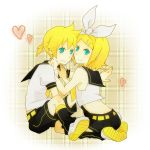  aqua_eyes blonde_hair couple duo female green_eyes hairpins heart kagamine_len kagamine_rin male ponytail ribbon short_hair shorts siblings sitting smile twins vocaloid 