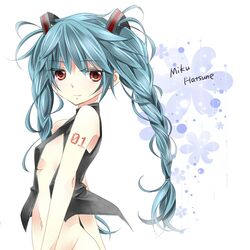  aqua_hair ayumaru_(art_of_life) bad_id bottomless braid face hatsune_miku long_hair mound_of_venus navel red_eyes solo tattoo twin_braids twintails vocaloid x1213hide 