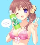  bikini bottle braid breasts brown_hair cleavage front-tie_top jewelry large_breasts mucha necklace open_mouth original pendant piyodera_mucha plaid purple_eyes sideboob soda solo swimsuit underboob v wink 
