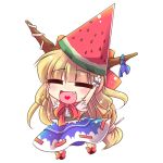  =_= arms_up blonde_hair bow chibi enjoy_mix fang food fruit heart heart_in_mouth horns ibuki_suika long_hair lowres namesake object_on_head orange_hair simple_background solo touhou very_long_hair watermelon 