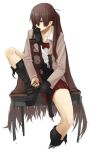 blue_eyes boots brown_hair bullet clenched_teeth desk gloves gun leg_up long_hair magazine_(weapon) mouth_hold muscle original rifle school_uniform sitting sitting_on_desk skirt tef very_long_hair weapon white_background 