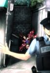  body_horror bound_legs commentary drainpipe electricity_meter faucet food hat highres meat monster onibi_(foxhound4185) open_mouth original patchwork_girl_(onibi) police police_hat police_uniform policeman street transformation uniform wall 